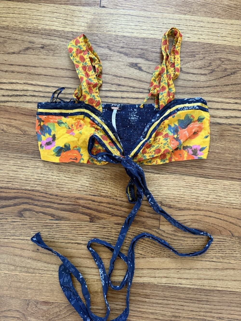 Free People Smocked Floral Front Tie Crop Top Bralette Size 2 Yellow Navy Boho